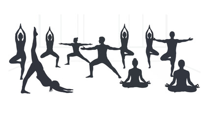 Group of diverse people practicing yoga in various poses silhouette isolated on white background