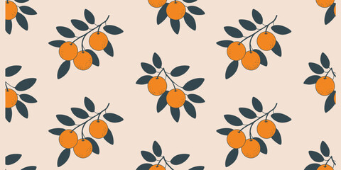 Seamless pattern of orange tree branches with dark green leaves vector illustration for textile design and backgrounds
