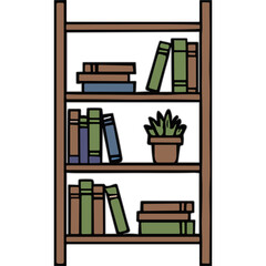 Wooden Bookshelf Filled With Assorted Books and a Potted Plant in a Neutral Color Palette With Simple Clean Lines and a Soft Natural Light