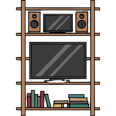Wooden Bookshelf Displaying Audio Equipment A Television And Books On Shelves With Simple Hand Drawn Illustration Style On A Black Background