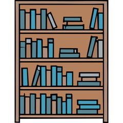 Wooden Bookshelf Filled With Blue and Grey Books of Various Sizes Against a Black Background Simple Hand Drawn Style