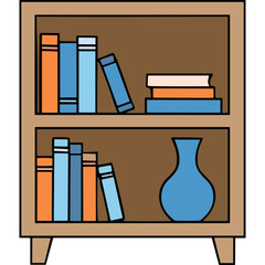 Wooden Bookshelf Filled With Colorful Books And A Blue Vase On A White Background Simple Illustration