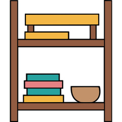Wooden Bookshelf Filled With Colorful Books and a Bowl on a Black Background Minimalist Illustration With a Simple Modern Design