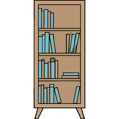 Wooden Bookshelf Filled With Light Blue Books And Green Spines Isolated On White Background Minimalist Illustration