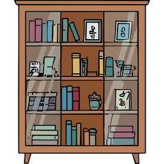 Wooden Bookshelf Filled With Various Books and Decorative Items Warm Interior Lighting