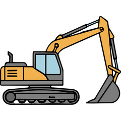 Yellow and Gray Excavator Machine with Blue Windows and Large Bucket on Black Background Detailed Illustration of Construction Equipment for Heavy Duty Work