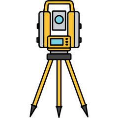 Yellow and Gray Surveying Instrument Theodolite With Digital Display Mounted On A Black Tripod With Yellow Legs On A Black Background