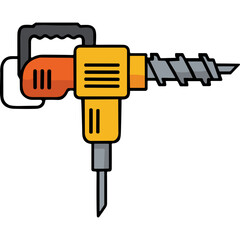 Yellow and Orange Jackhammer Drill with Steel Bit on a Black Background Illustrating Construction and Demolition Tools