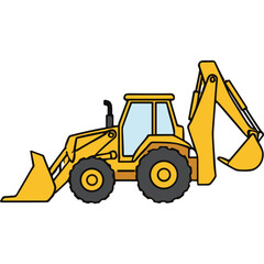 Yellow Backhoe Loader Construction Vehicle with Front Loader and Excavator Arm in Profile View on Black Background