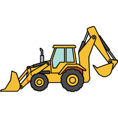 Yellow Backhoe Loader Excavator Construction Machine With Front Loader And Backhoe Arm Extended Against Black Background In A Simple Illustration Style