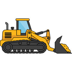 Yellow Bulldozer Construction Vehicle With Tracks and Front Loader on a Black Background Detailed Illustration