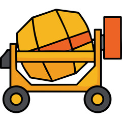 Yellow Concrete Mixer Machine on Wheels with Orange Drum Detail and Orange Power Unit on Black Background Minimalist Flat Design