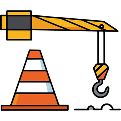 Yellow Construction Crane Hook and Orange Traffic Cone Isolated on Black Background Simple Flat Icon Illustration
