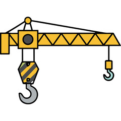 Yellow Construction Crane With Black and Yellow Hook Lifting Object With Black Background