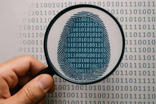 Fingerprint analysis with binary code, concept of digital security and data protection - Powered by Adobe