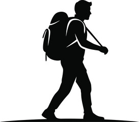 Silhouette of hiker with backpack walking isolated on transparent background
