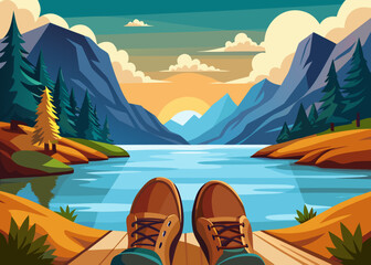 boots traveler resting by riverside, first person hiking perspective, calm water reflecting forest and sky