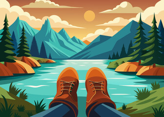 boots traveler resting by riverside, first person hiking perspective, calm water reflecting forest and sky
