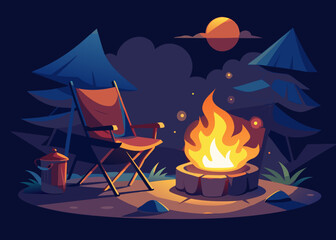 Foldable camping chair beside campfire and cooking pot, glowing firelight