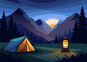 camping lantern glowing near tent with mountain landscape