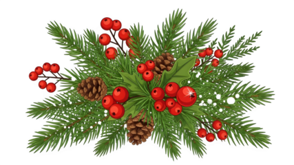 Festive winter arrangement with berries and pine cones isolated on transparent background