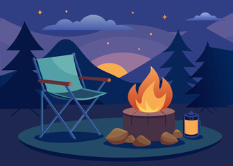 Foldable camping chair beside campfire and cooking pot, glowing firelight