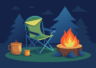 Foldable camping chair beside campfire and cooking pot, glowing firelight