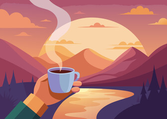 hands holding a steaming cup of coffee with a mountain view