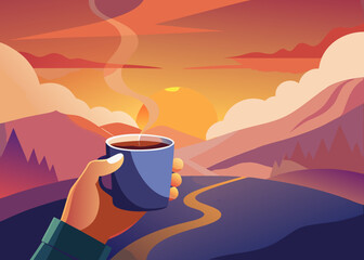hands holding a steaming cup of coffee with a mountain view