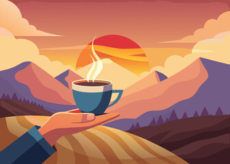 hands holding a steaming cup of coffee with a mountain view