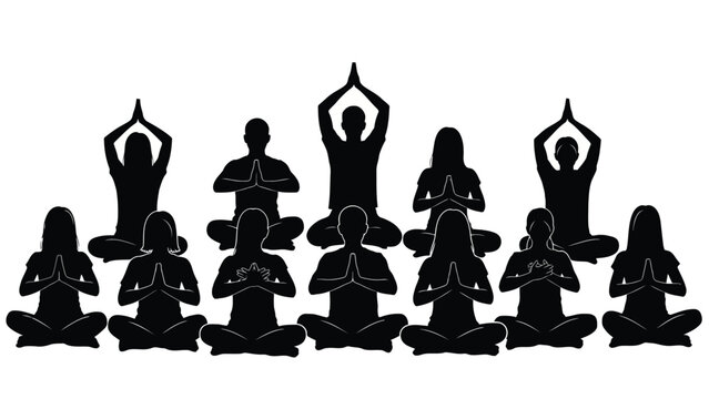 Group of people meditating in yoga poses silhouette isolated on white background