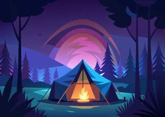 Tent glowing from inside , cinematic forest light at dusk