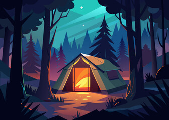 Tent glowing from inside , cinematic forest light at dusk