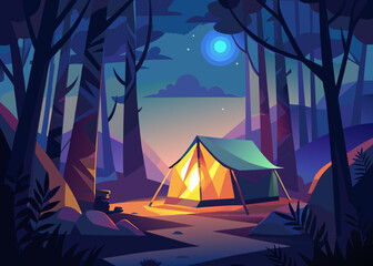 Tent glowing from inside , cinematic forest light at dusk