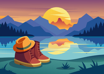 traveler boots and hat beside a calm lake with golden sunset