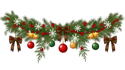 Festive christmas garland with ornaments isolated on transparent background