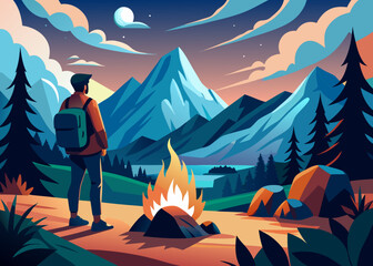Traveler near campfire, warm light contrasting cool mountain air, first person hiking perspective.svg