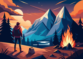 Traveler near campfire, warm light contrasting cool mountain air, first person hiking perspective.svg