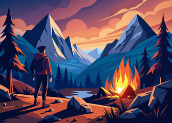 Traveler near campfire, warm light contrasting cool mountain air, first person hiking perspective.svg