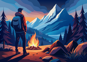 Traveler near campfire, warm light contrasting cool mountain air, first person hiking perspective.svg