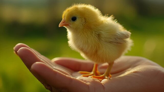 Delicate balance: Tiny yellow chick perched carefully on the open palm of a human hand in daylight