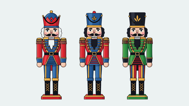 Three Traditional Nutcracker Figures in Red, Blue, and Green Uniforms on a White Background