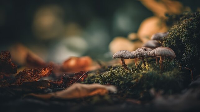 acculturation. Mushrooms growing on forest floor among moss and leaves under sunlight. gardening catalogs, home-decor guides, designed for gardening and botanical catalogs, celebrates nature.