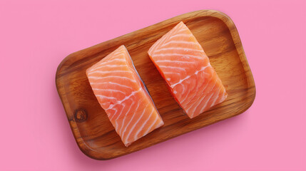 two salmon fillets on a wooden board. pink background