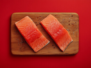 two salmon fillets on a wooden board. pink background