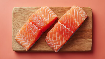 two salmon fillets on a wooden board. pink background