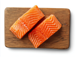 two salmon fillets on a wooden board. pink background
