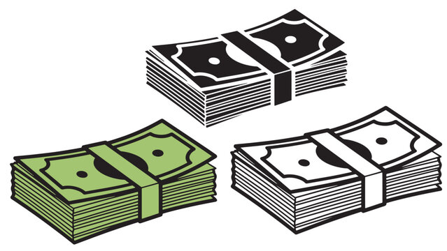 Vector illustration collection of three bundled banknote stacks featuring green colored cash, black silhouette money, and linear outline currency styles for financial design elements