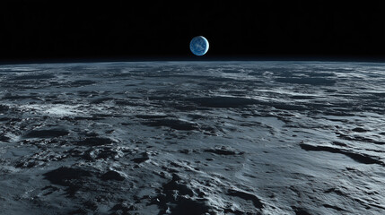 Moon Surface and earth | Cinematic extreme wide shot of the moon surface, gray cratered lunar dust. In the pitch black sky, a bright blue Earth hangs in the distance.