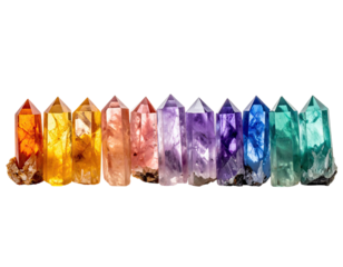 Close-up of rainbow-colored crystal points arranged in a row, isolated on a black background